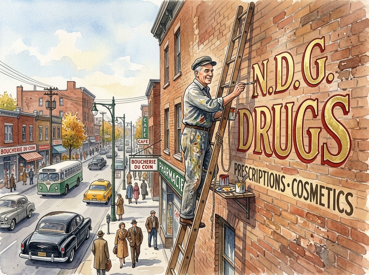 Granddad painting a sign in NDG